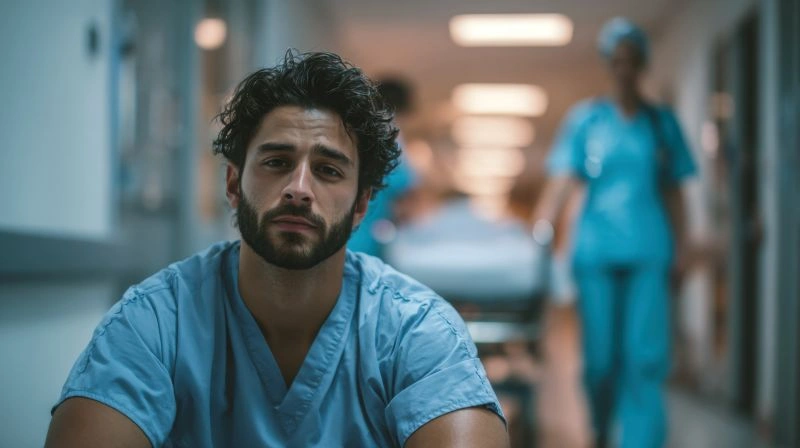 A healthcare worker feeling overwhelmed, reflecting the pressures often experienced by staff working in urgent care mental health settings, providing immediate assistance to patients.