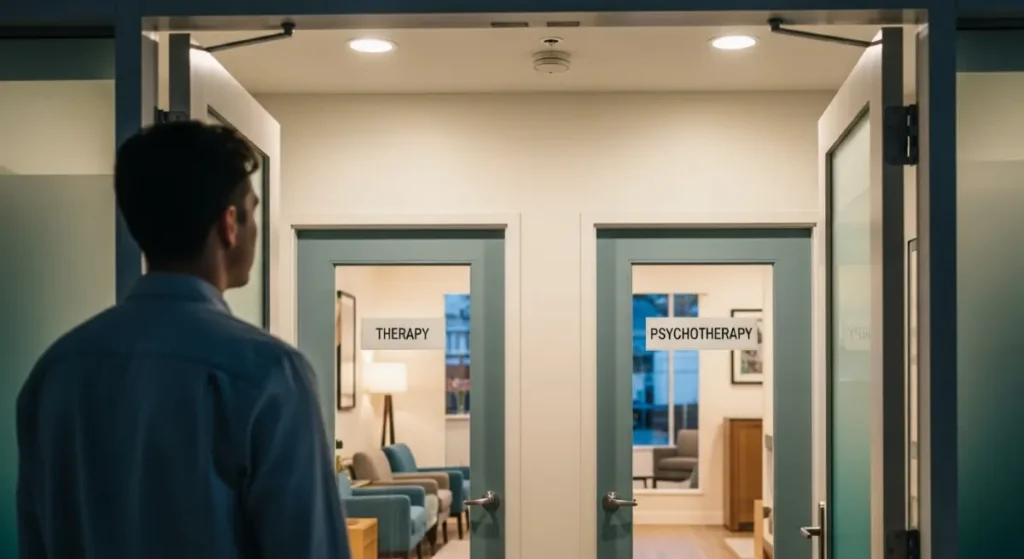 Person standing between two doors labeled 'Therapy' and 'Psychotherapy,' contemplating the difference between therapy and psychotherapy before entering the appropriate session.