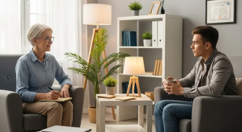 Therapist listening attentively to a patient in a therapy session, with a focus on the difference between therapy and psychotherapy. The whiteboard outlines key topics such as stress management and coping skills.