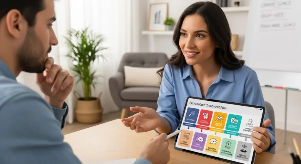 Therapist showing a personalized psychotherapy treatment plan on a tablet, discussing key treatment steps and goals with the patient. The treatment plan includes various therapeutic strategies