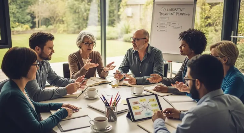 Group of professionals collaborating on a psychotherapy treatment planning session, discussing examples of psychotherapy treatment plans. The focus is on team-based decision-making.