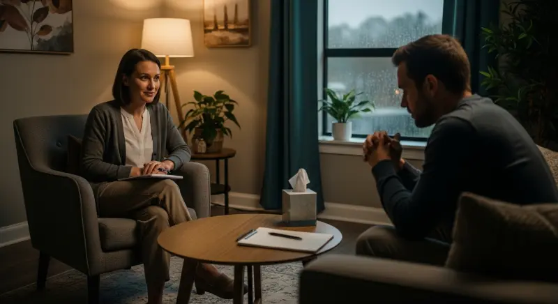 Therapist engaging in a one-on-one psychotherapy session, helping a patient work through personal issues. The cozy setting highlights the therapeutic environment