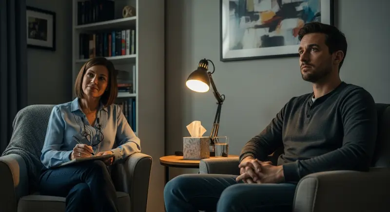 Therapist writing notes during a psychotherapy session with a male patient. The session represents clinical psychology and psychotherapy treatment in a comfortable setting.