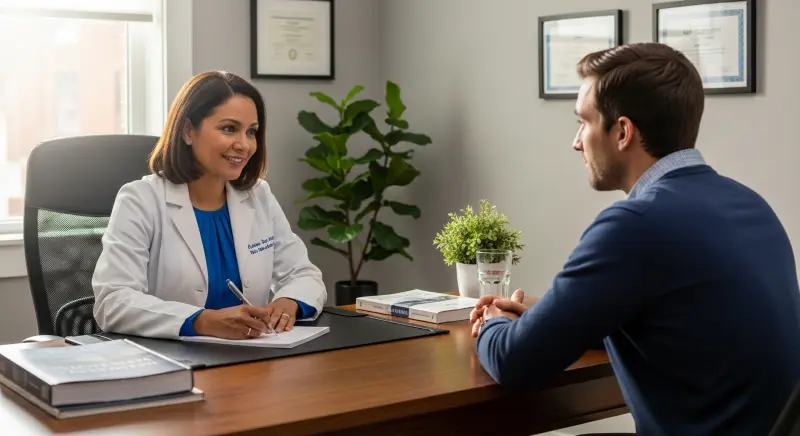 Psychiatrist in a professional clinic discussing treatment with a patient. The image reflects a clinical psychology & psychotherapy approach, emphasizing a supportive environment.