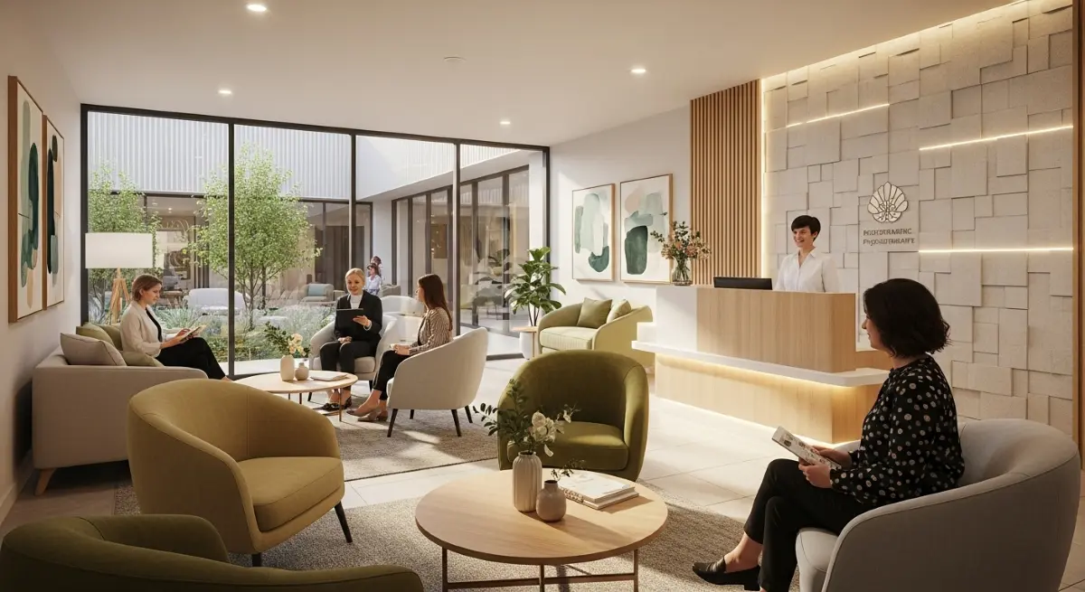Modern psychiatric and psychotherapy clinic with a welcoming reception area. Clients are seated comfortably in the lounge, reflecting a calm and professional atmosphere.