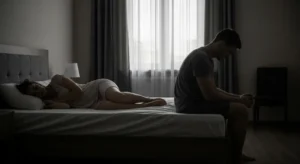 Couple in a tense moment in bed, experiencing emotional distress, reflecting the impact of sexual disorders in psychiatry. The image symbolizes a relationship affected by intimacy challenges