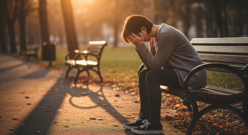 Individual sitting alone on a park bench, facing emotional struggles, representing the psychological toll of sexual disorders in psychiatry. The person is in a moment of deep distress.