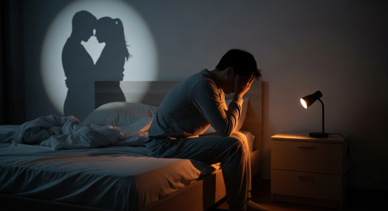Person sitting in bed with head in hands, reflecting emotional pain, while a shadow on the wall depicts a former loving relationship. The image illustrates the emotional burden of sexual disorders in psychiatry.