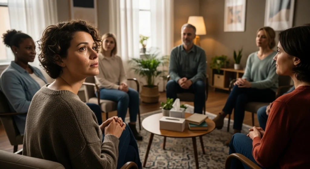 A group therapy session in psychiatry with an individual focusing on her emotions while others listen attentively. This moment captures the therapeutic process and the supportive environment of group therapy in psychiatry.