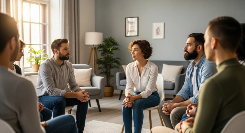 Participants in a group therapy session in psychiatry sharing a light moment, with laughter and positive interactions. This illustrates the advantages of group therapy in psychiatry, highlighting the emotional connection and support among individuals