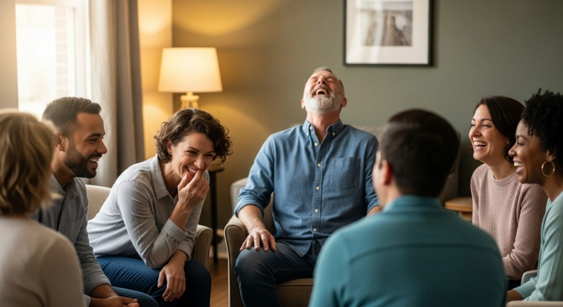 Group therapy session in psychiatry, where participants are actively engaging in a discussion. This scene represents one of the types of group therapy in psychiatry, emphasizing communication and mutual support.