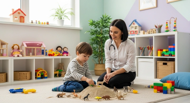 Pediatric psychiatrist engaging with a young child during a therapeutic play session. The therapist uses toys and play to help the child express their emotions in a safe environment.