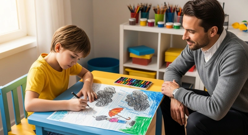 Pediatric psychiatrist working with a child, observing the child's drawing as a form of expression. The artwork shows a scene with clouds and an umbrella, helping the therapist understand the child’s emotional state.