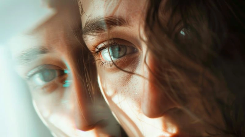 A close-up of a woman’s face with a dual image effect, showing a reflection of herself, illustrating the dissociative states seen in individuals with dissociative identity disorder. Treatment typically involves psychotherapy aimed at integrating identities and healing trauma.