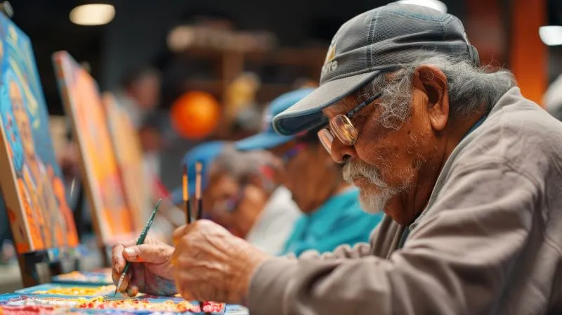 Art therapy for mental health: An elderly man engaged in creative expression during a group art therapy session, fostering emotional healing