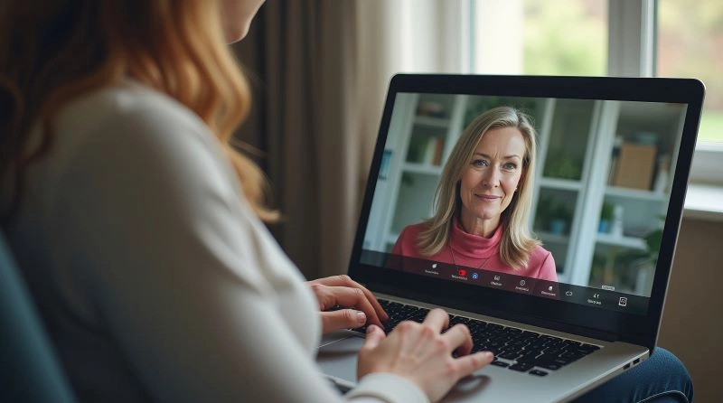 Teletherapy vs in-person: A person engaging in a virtual therapy session with a therapist on a laptop.