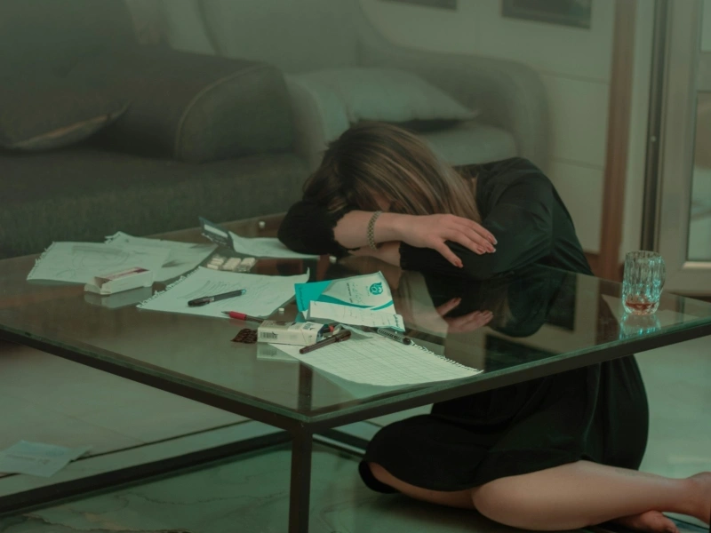 Exhausted woman resting her head on a table covered with paperwork, representing difficulties with focus and stress in OCD vs ADHD.